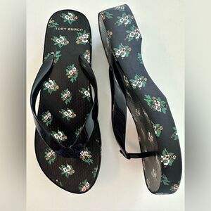 Tory Burch Black Floral Wedge Flip Flops